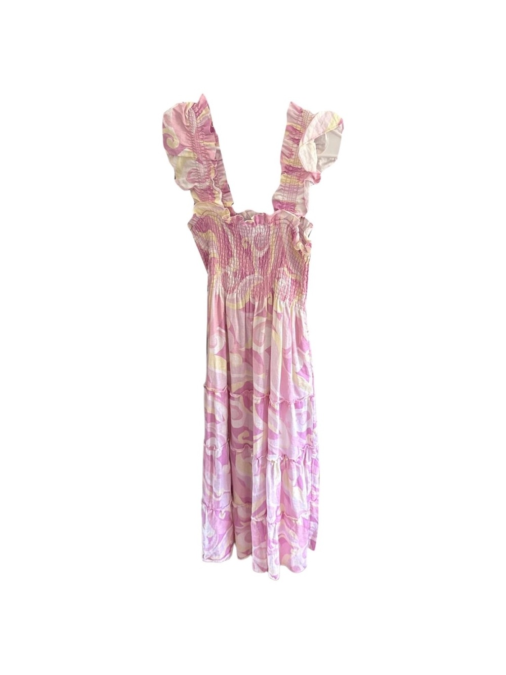 Hill House Pink and Cream Maxi Dress with Ruffled Straps